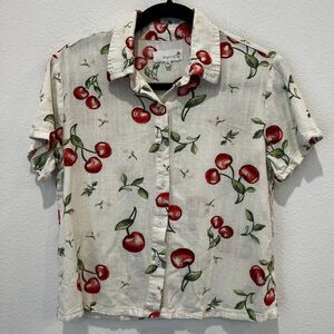 Angel Kiss Sz Small Vacation Print Cherries 🍒 Linen Blend Button Up Blouse Cool